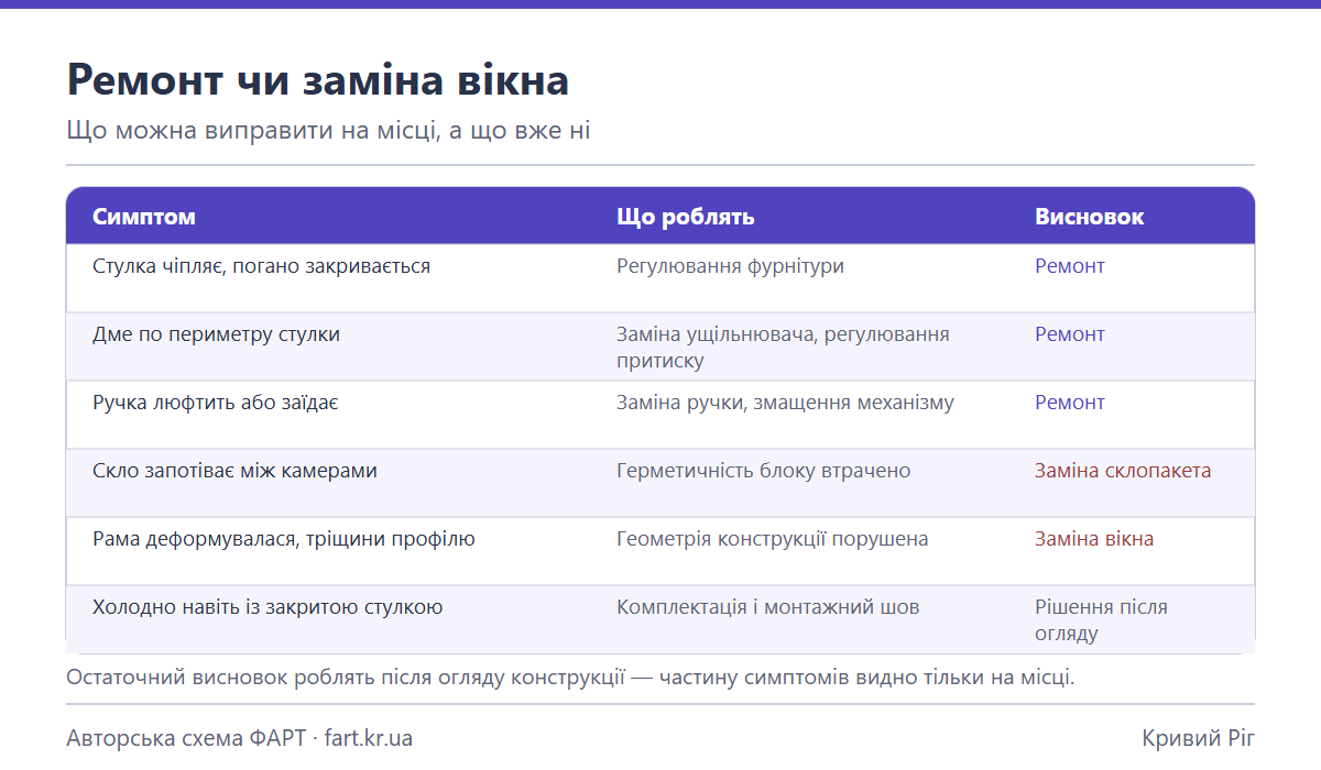 Таблица: симптомы окон и соответствующие решения — ремонт, замена стеклопакета или замена окна