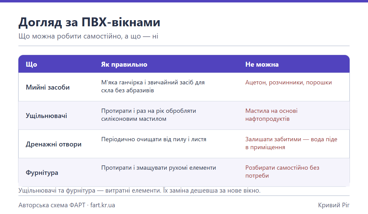 Схема догляду за ПВХ-вікнами: засоби для миття, обробка ущільнювачів, очищення дренажних отворів, змащування фурнітури