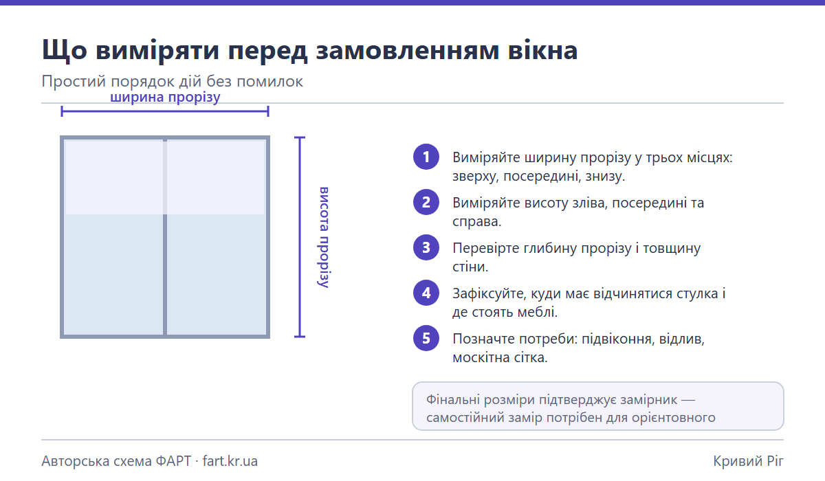 Схема заміру віконного прорізу: ширина зверху, посередині й знизу, висота зліва, посередині та справа, глибина прорізу