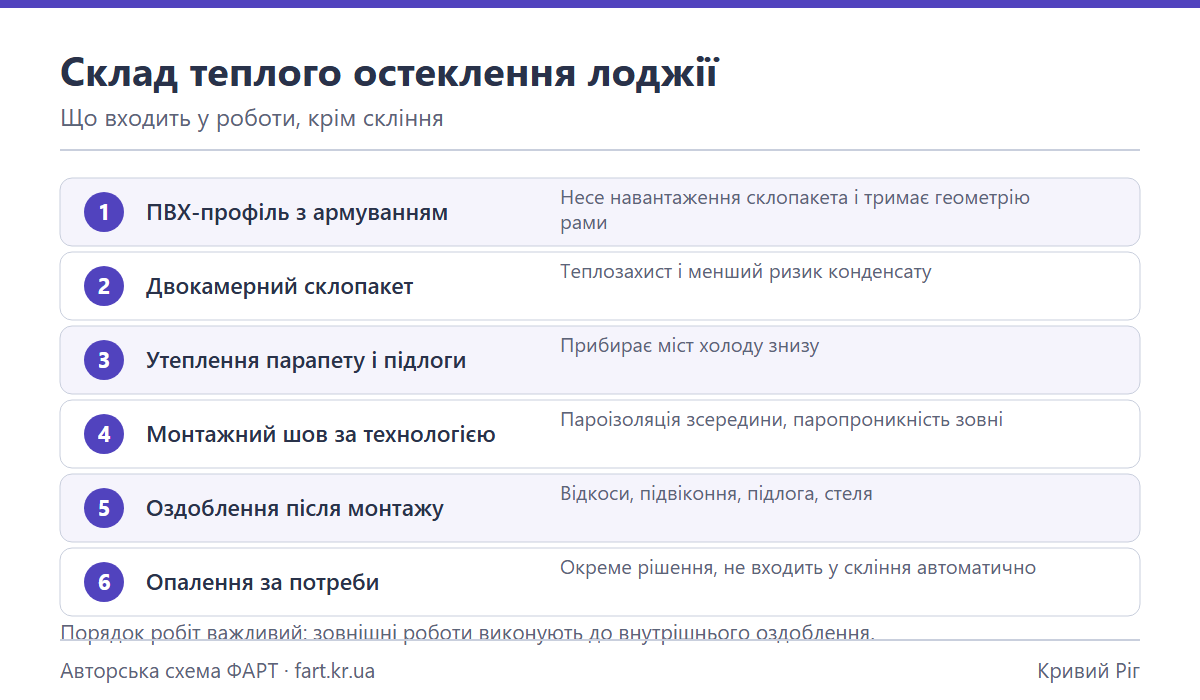 Схема складу теплої лоджії: профіль, склопакет, утеплення парапету, монтажний шов і оздоблення