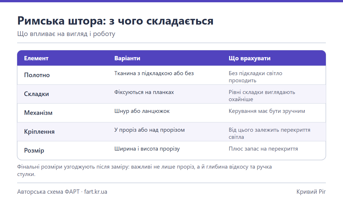 Схема составляющих римской шторы: полотно, планки складок, механизм, крепление, размер