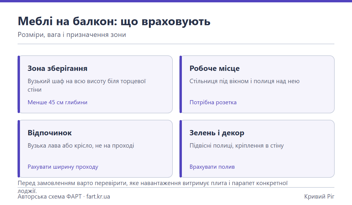 Схема чотирьох зон на балконі: зберігання, робоче місце, відпочинок, зелень і декор, з підказками щодо розмірів