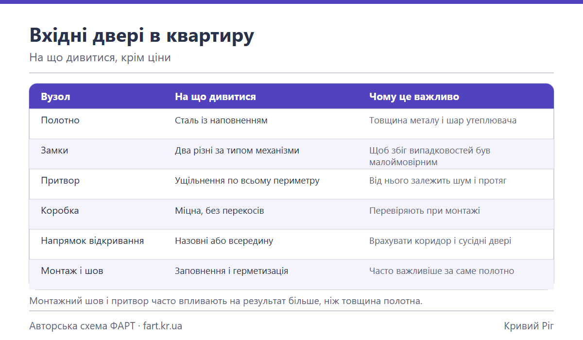 Схема вузлів вхідних дверей: полотно, коробка, замки, притвор із ущільнювачем, поріг і монтажний шов