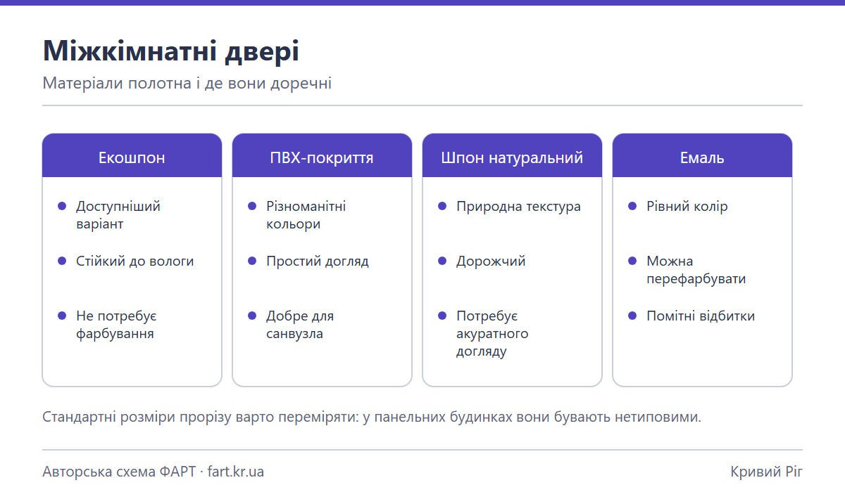 Схема вибору міжкімнатних дверей: матеріал полотна, покриття, розміри полотна та елементи отвору